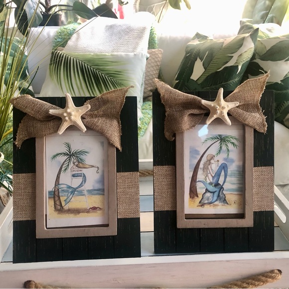 NEW! Charcoal Blue Gray Rustic Wood Frame Starfish Burlap Accents - Picture 5 of 8